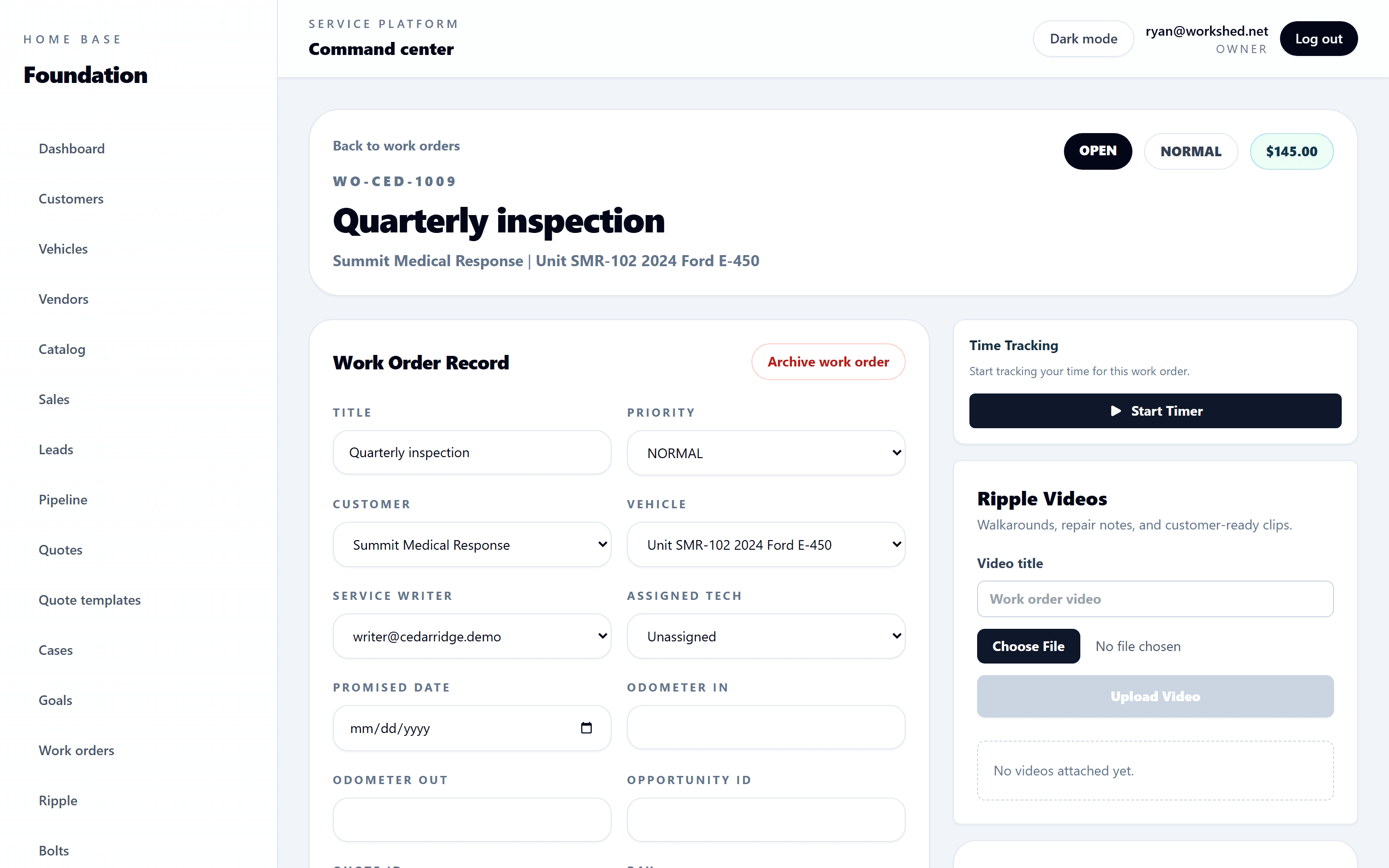 Home Base work order detail page showing vehicle, customer, service details, and operational sections.