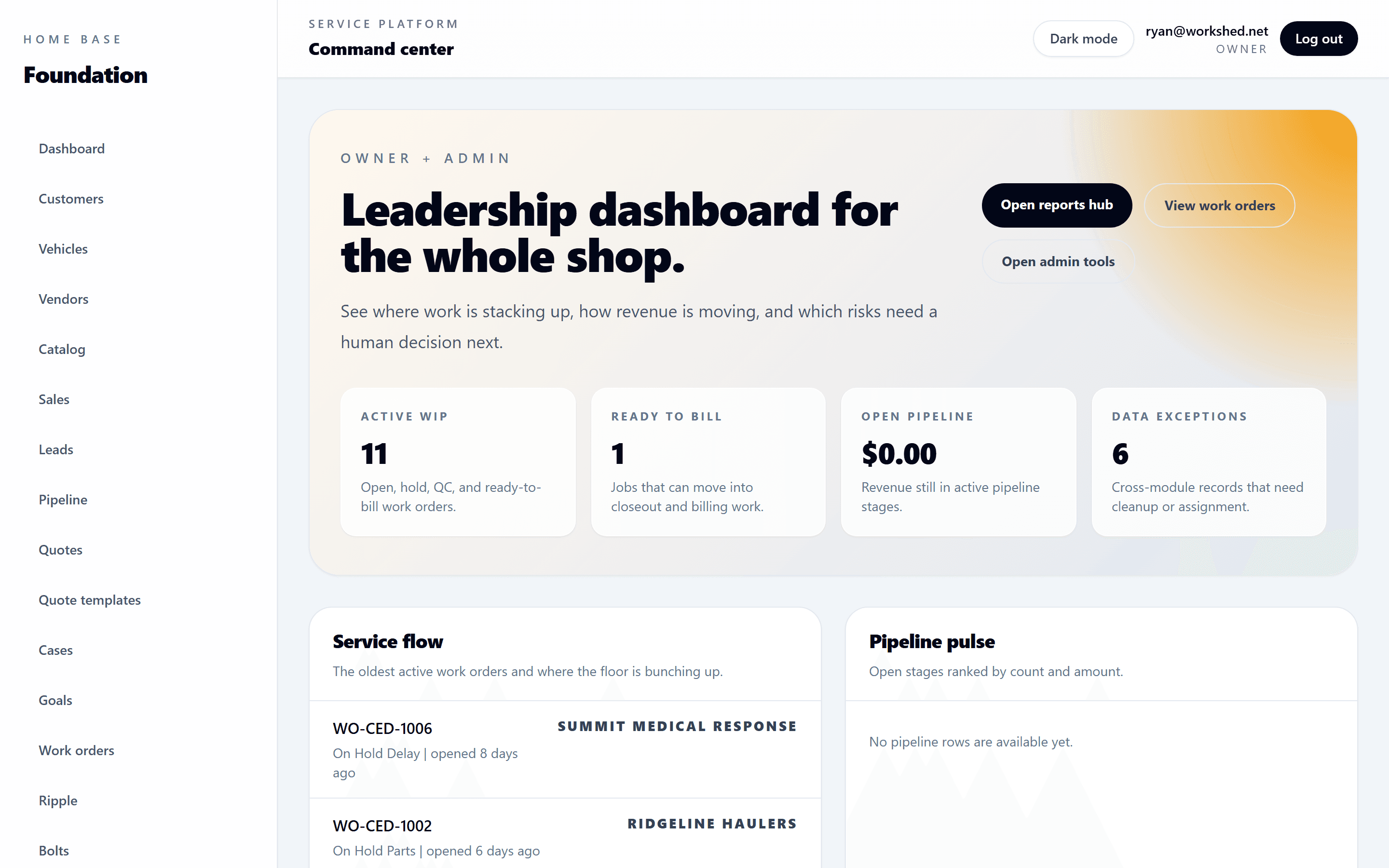 Home Base command center dashboard showing leadership metrics, service flow, and pipeline pulse.