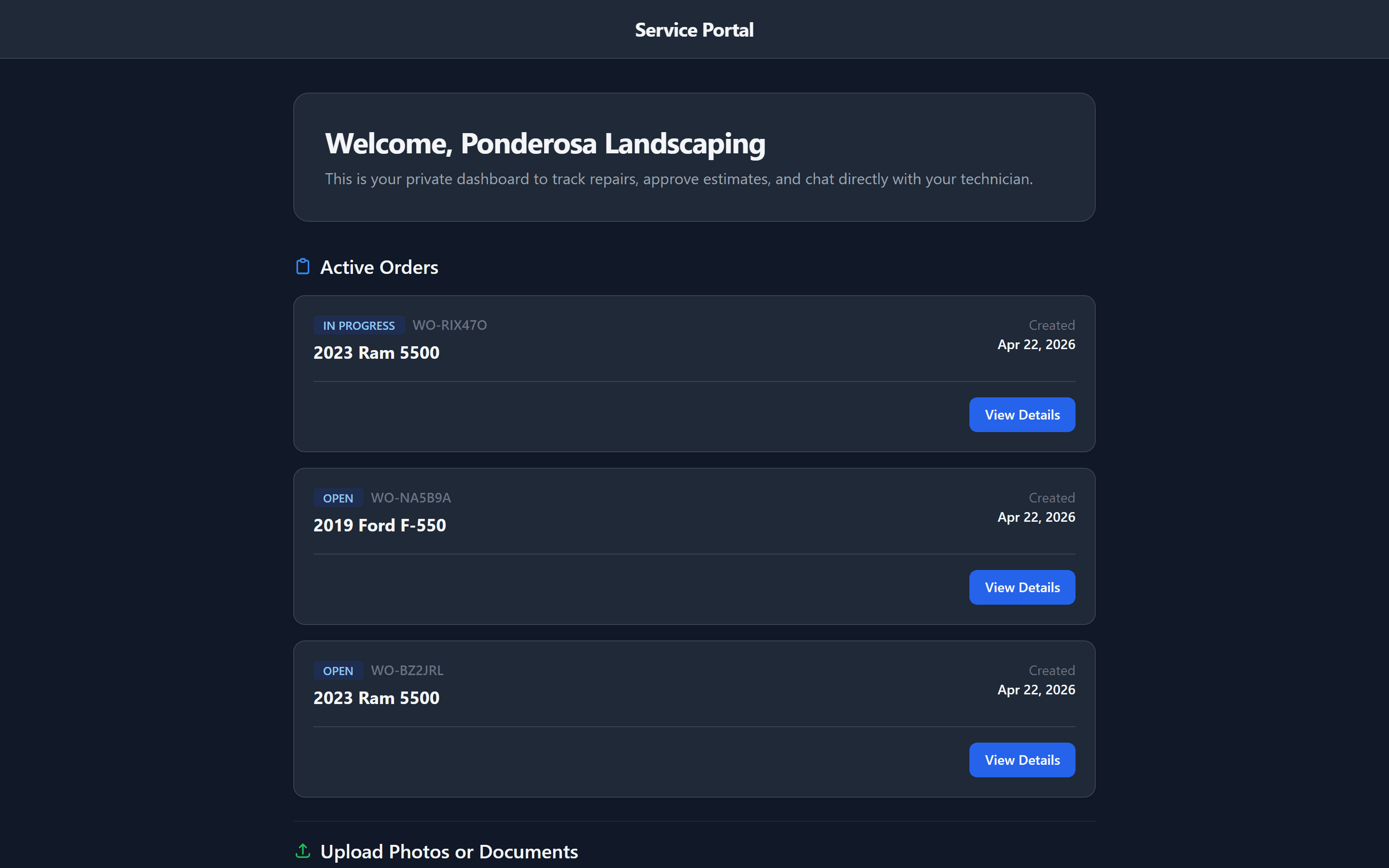 Home Base customer service portal showing active repair orders and document upload options.