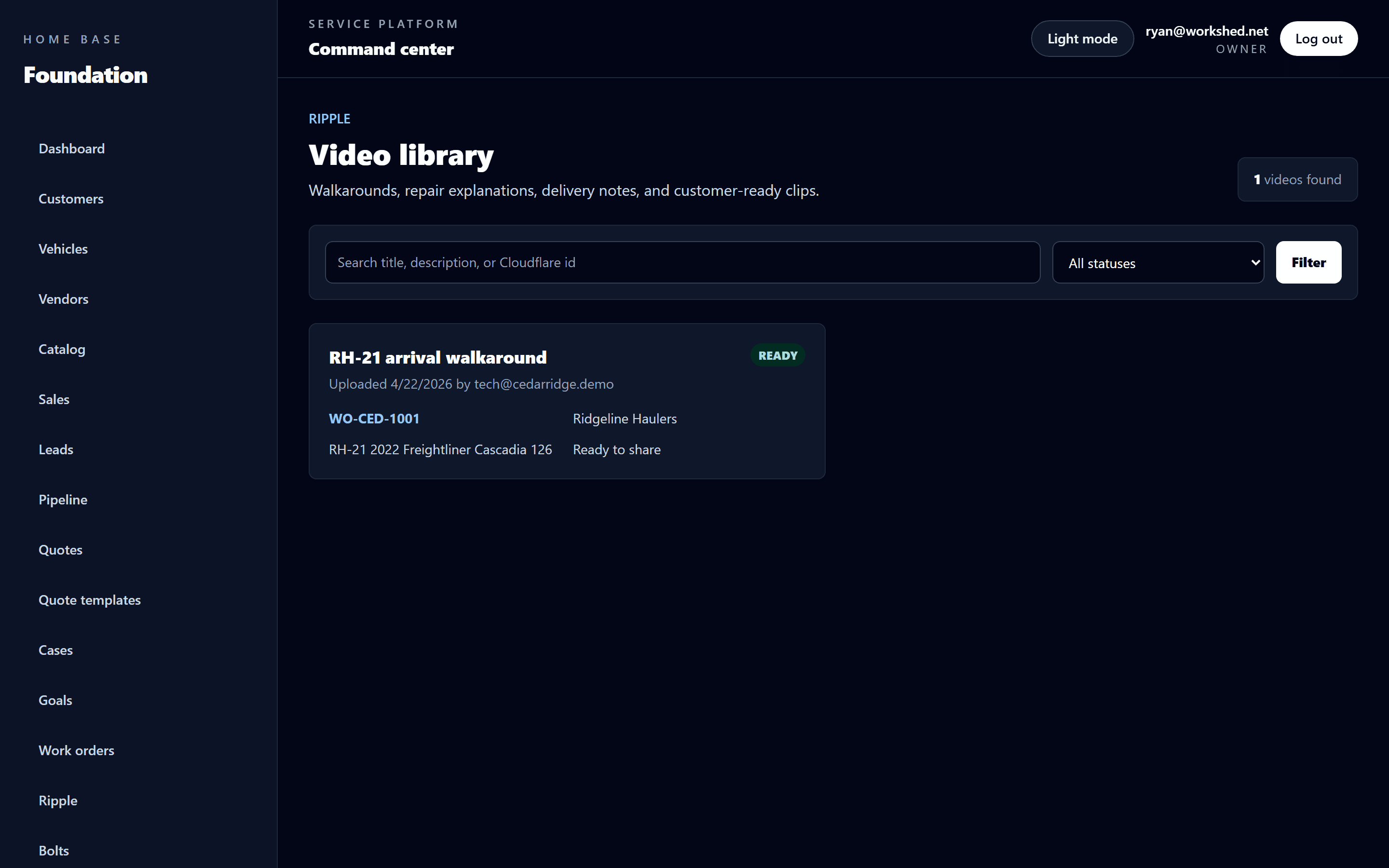 Home Base Ripple video library in dark mode showing a customer-ready video asset.