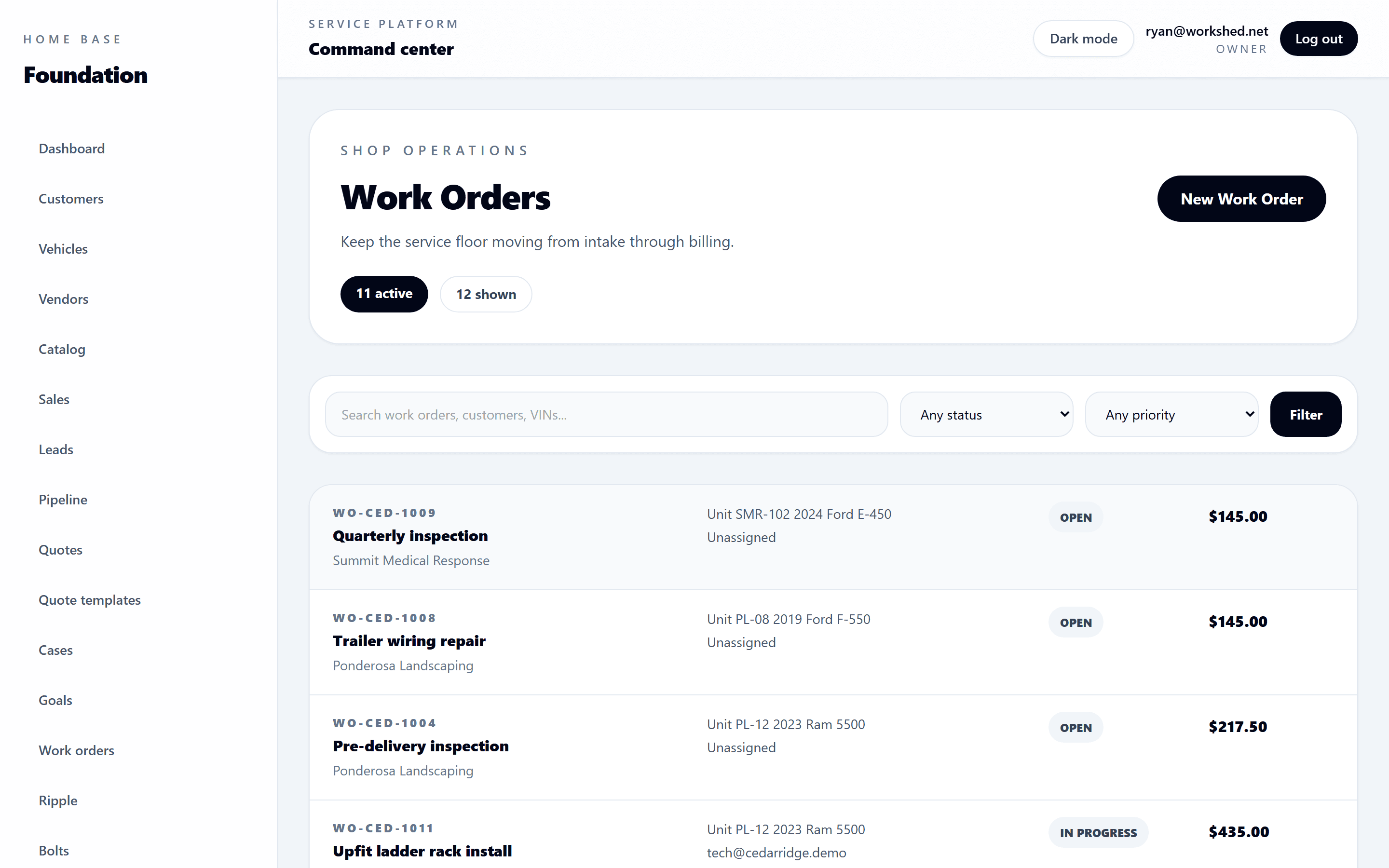 Home Base work orders list with filters, active work orders, statuses, vehicle details, and prices.